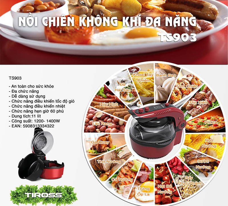 Nồi Chiên Không Khí Đa Năng Tiross TS903 - 11L (Đỏ Đen) - Hàng chính hãng